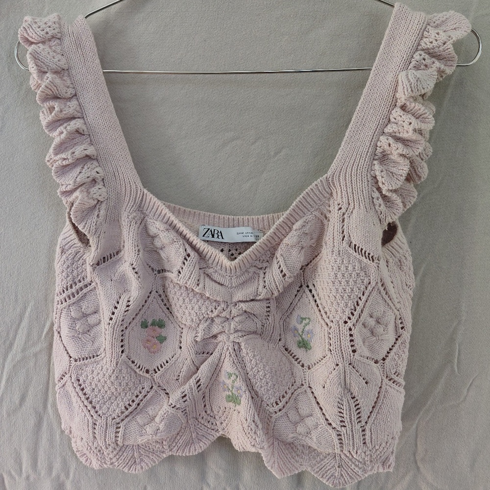 Zara M ~ Floral Knit Crop Top Pastel Pink crochet tank with embroidered details